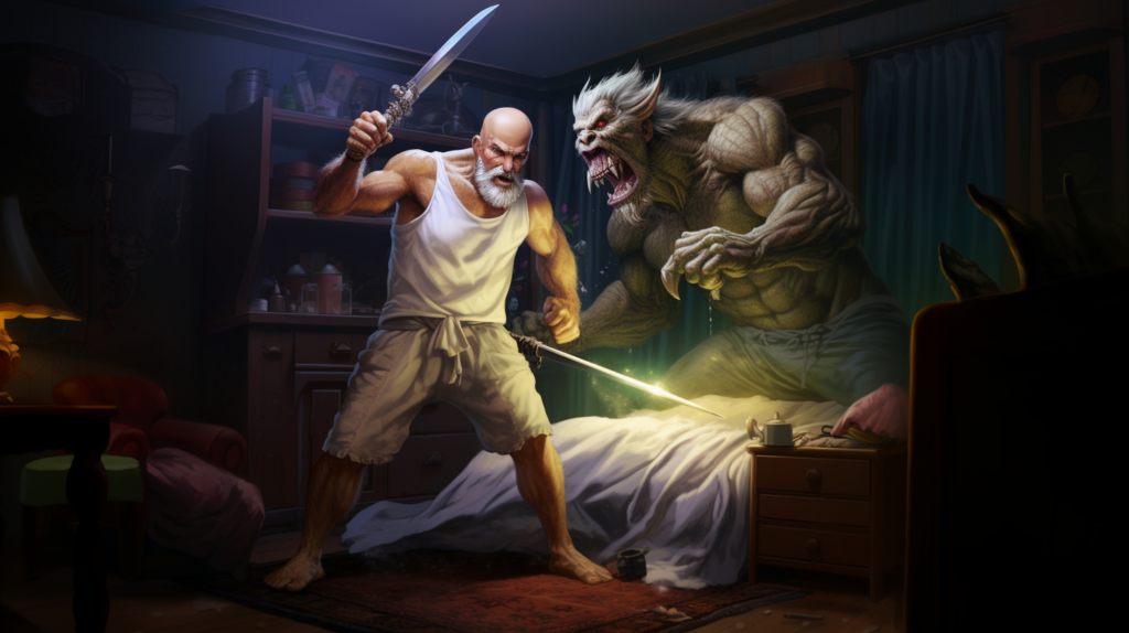 A man in his pajamas fighting an anti-sleep gremlin with a sword