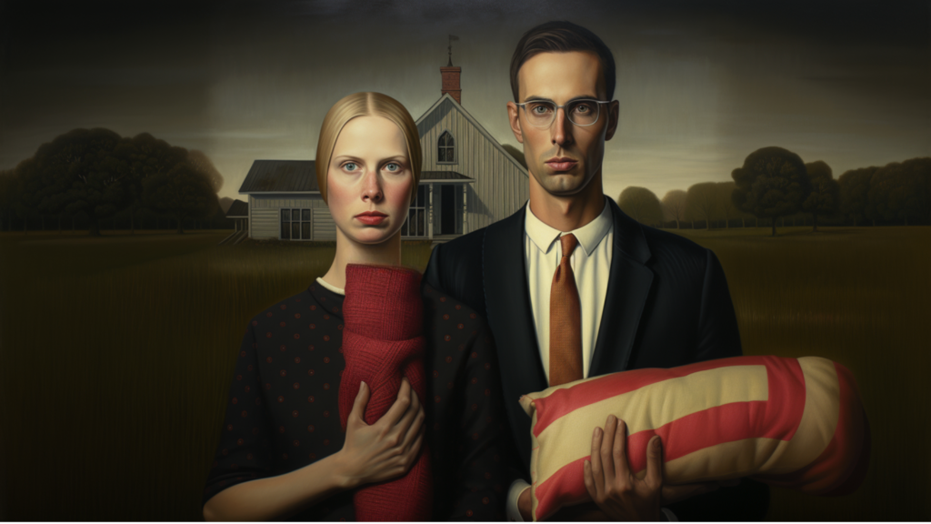 American Gothic, but the couple are each holding a blanket