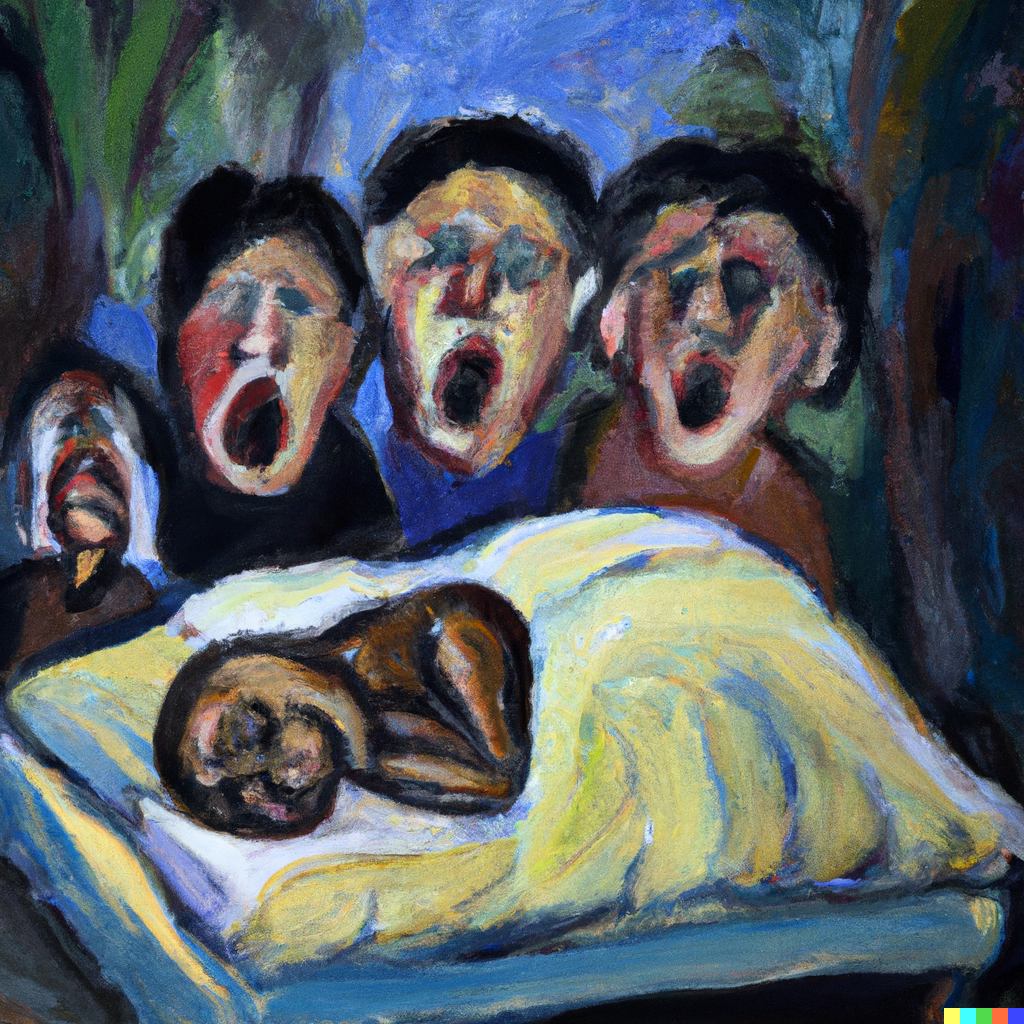 Dall·e 2023 11 03 13. 52. 49 oil painting of people horrified that a man is sleeping