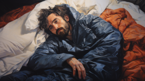 man in a sleeping bag laying in bed sweating
