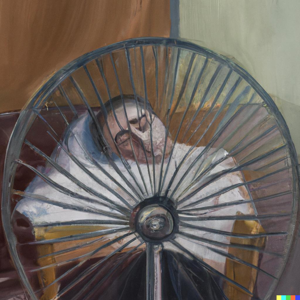 Dall·e 2023 12 05 13. 36. 38 oil painting of a man sleeping with an oscillating fan