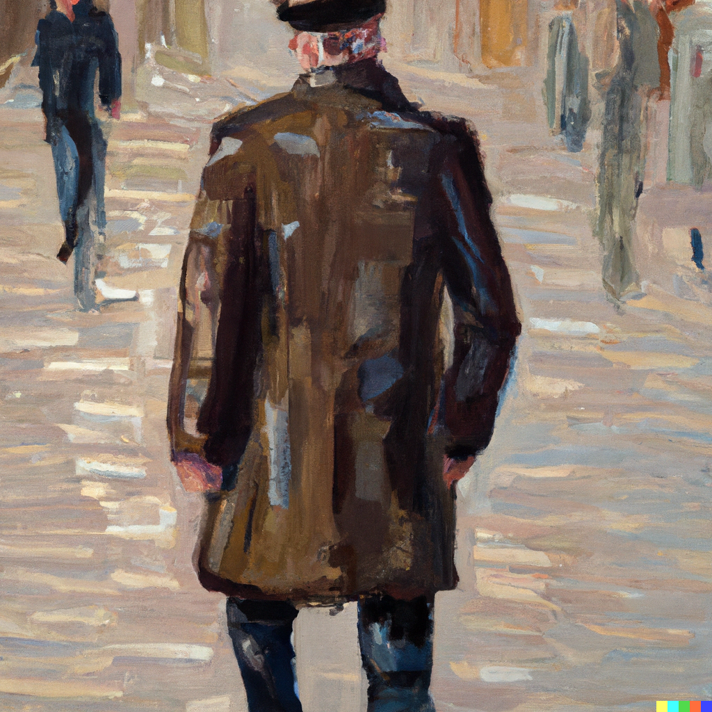 Dall·e 2023 12 20 17. 05. 43 oil painting of a man seeing himself walking around