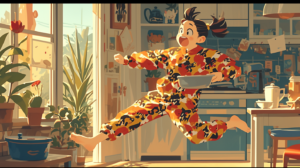 woman wearing pajamas running through house in the morning