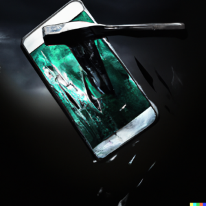 DALL·E 2024 03 25 22.05.34 An intense and dramatic oil painting depicts a modern smartphone suspended in midair frozen in time as its brutally struck by a sharp gleaming ax.