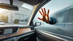 DALL·E 2024 07 02 11.52.12 A first person point of view from inside a car showing a normal hand seemingly passing through a clear unbroken car window as if by magic. The hand