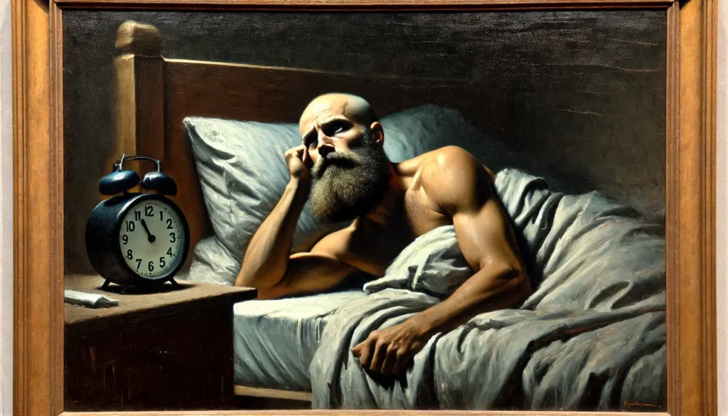 Distressed bearded man, lying awake in bed