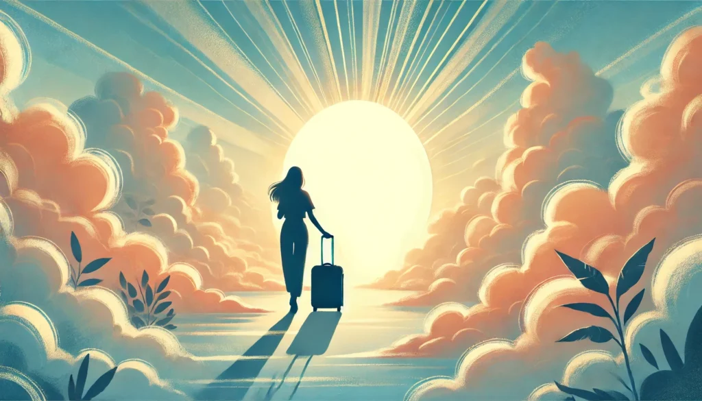 Dall·e 2024 09 27 15. 18. 32 an illustration of a shadow silhouette of a woman holding a suitcase standing against a sunset with the sun low on the horizon surrounded by heavenl